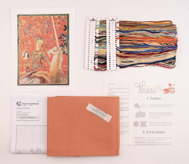 Thea Gouverneur - Kreuzstich-Set - Dame & Einhorn - Jobelan - 27 Count - Für Erwachsene - 2021, Dame