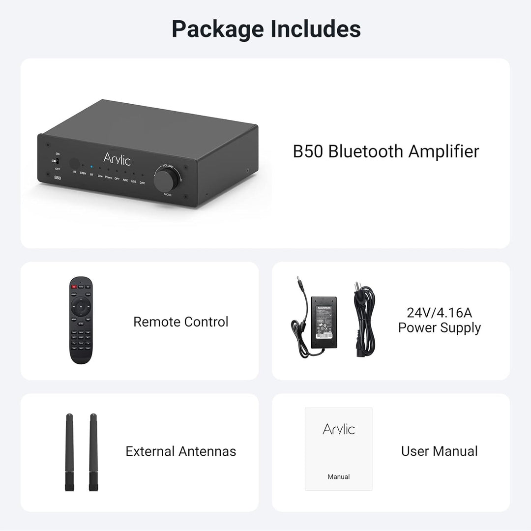 Arylic B50 Verstärker mit Bluetooth, Stereo Amplifier, 2 Kanal 50W*2 Home Audio AMP, mit HDMI, ARC,