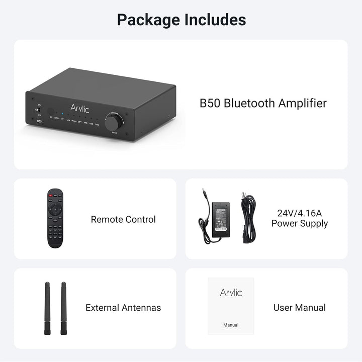 Arylic B50 Verstärker mit Bluetooth, Stereo Amplifier, 2 Kanal 50W*2 Home Audio AMP, mit HDMI, ARC,