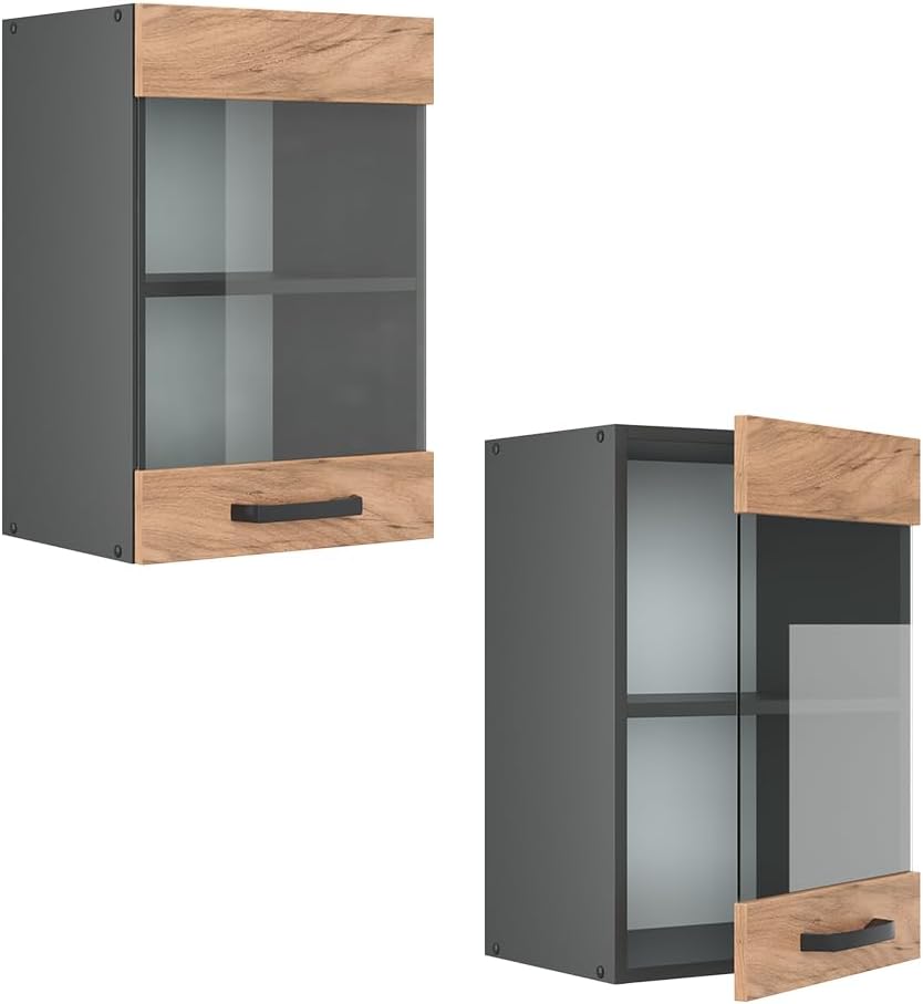Vicco Küchenschrank Glas R-Line, Goldkraft Eiche/Anthrazit, 40 cm Goldkraft Eiche Hängeglasschrank 4
