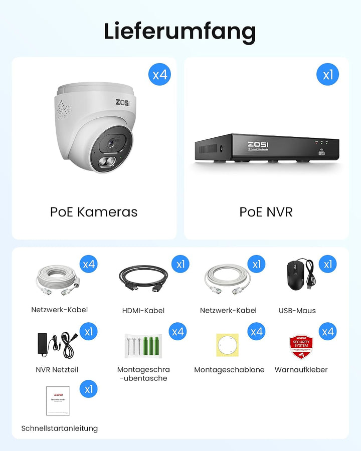 ZOSI 4K PoE Überwachungskamera Set Aussen, 4X 8MP Kameras mit 2-Wege-Audio | 8CH NVR ohne HDD, Perso