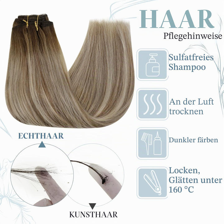 RUNATURE Clip in Echthaar Extensions Balayage Dunkelbraun bis Braun mit Blond Echthaar Clip in Exten