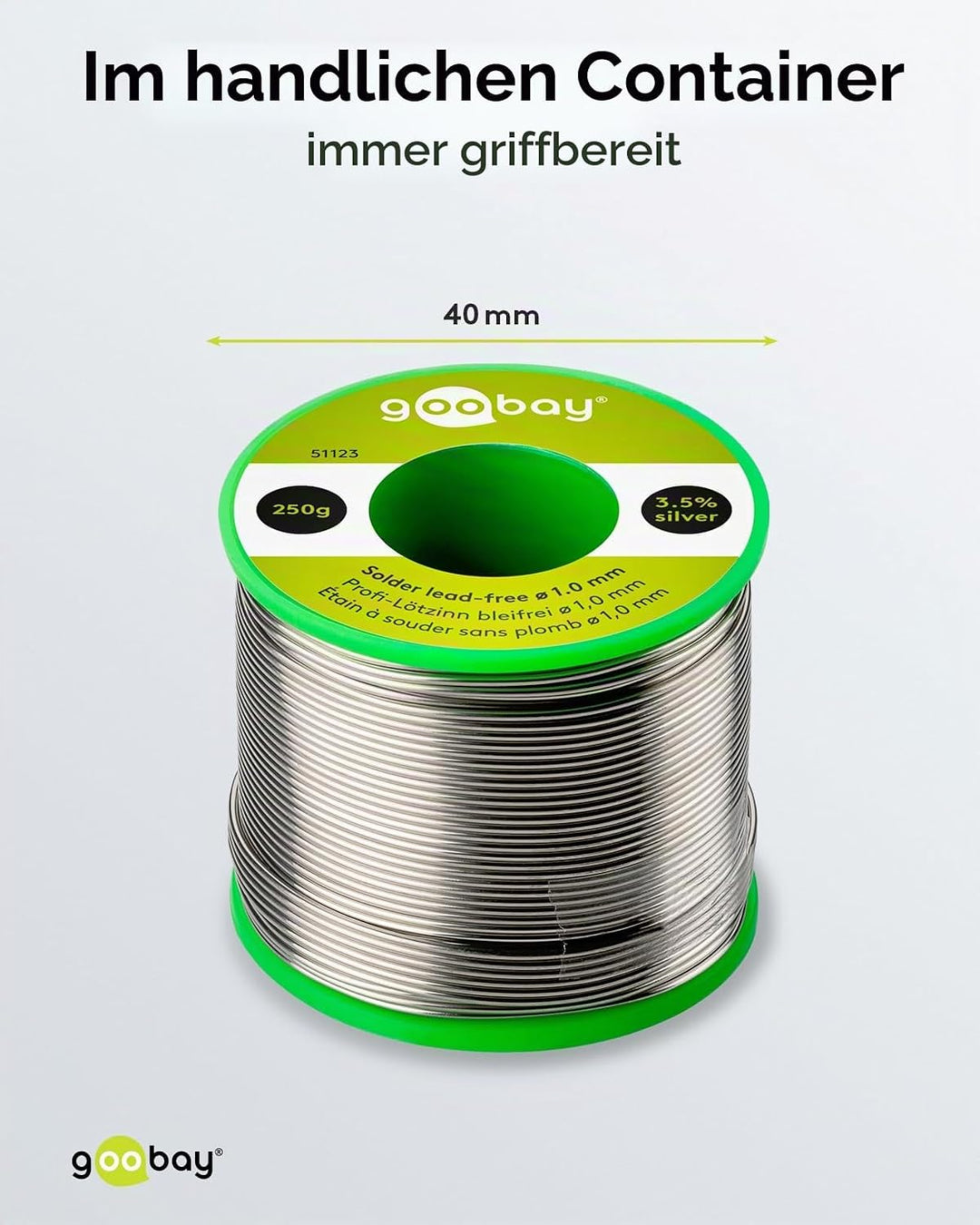 Goobay 51123 Lötzinn bleifrei ø 1mm Lötdraht mit Flussmittel, 3.5 % Silber &amp; 0.7 % Kupfer, 217 °C Sc