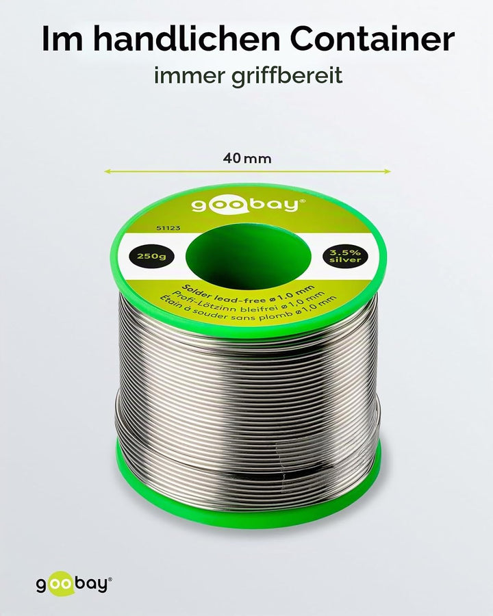 Goobay 51123 Lötzinn bleifrei ø 1mm Lötdraht mit Flussmittel, 3.5 % Silber &amp; 0.7 % Kupfer, 217 °C Sc