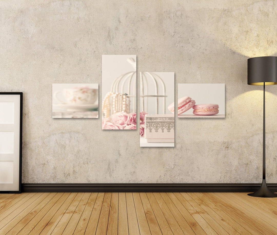 Bild Bilder auf Leinwand Vintage Rosen und Perlen mit Makronen über Box Wandbild, Poster, Leinwandbi