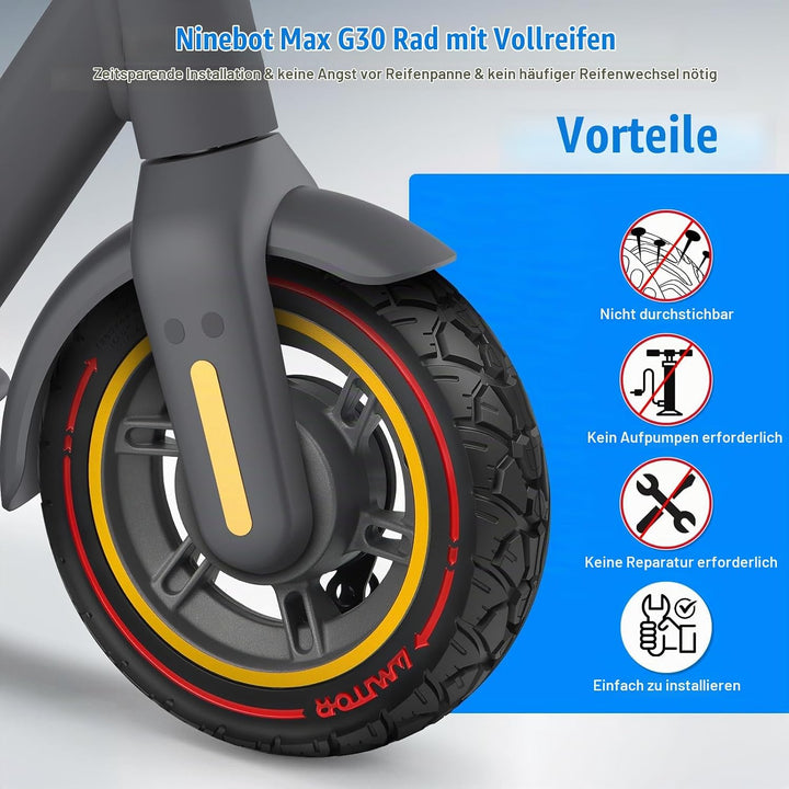 für Ninebot MAX G30 Vorderrad Komplettrad mit 60/70-6.5 Reifen Vollgummi, All-in-One 10x2.50-6.5 Vol