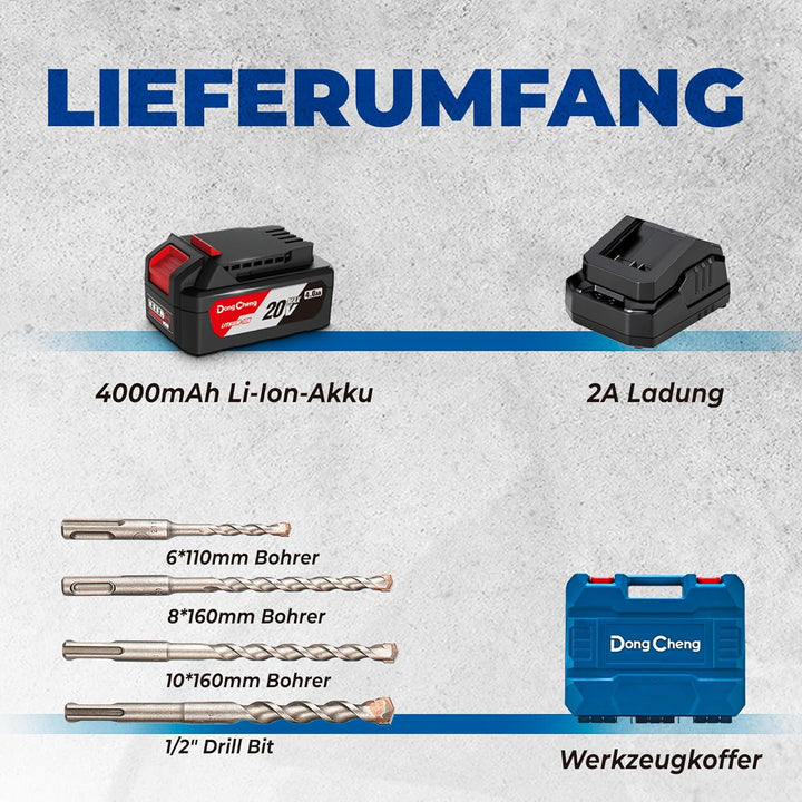DongCheng Akku Bohrhammer 18V, Schlagenergie 2.1 J, mit 4 Stück SDS-plus, Bohren bis 28 mm, Bürstenl