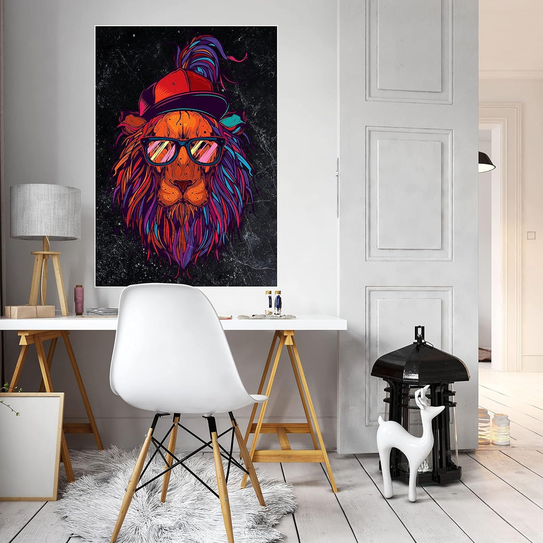 wandmotiv24 Poster als Wanddeko, Grösse 100x70cm, Funky Löwe, Marmor, bunt, Cap, Mütze, Brille, Nerd