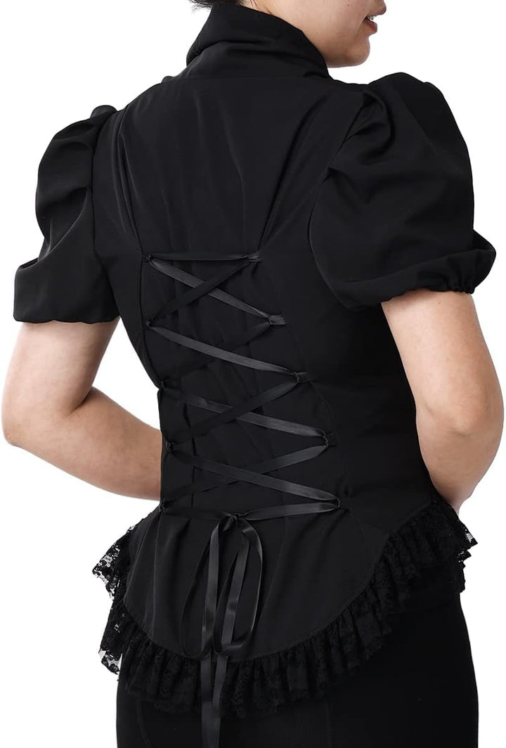 Damen Viktorianisches Korsett Tops Shirts Gothic Steampunk Schnür Bluse XS Schwarz, XS Schwarz