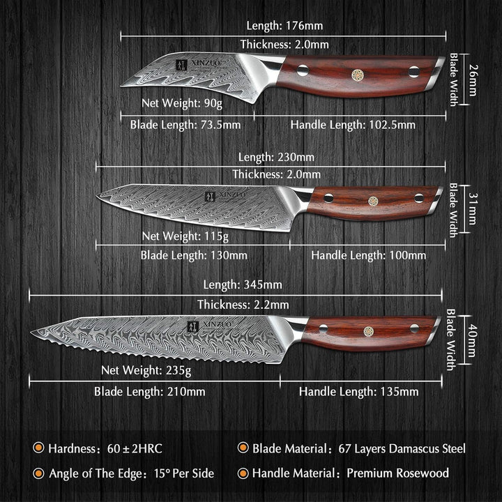 XINZUO 67 Schichten Damaststahl 5er Küchenmesser Set-Rosenholz Griff mit Profi Messertasche 16oz gew