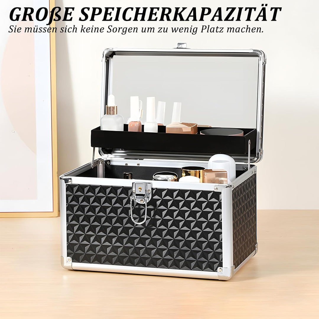 Kosmetikkoffer Hartschale mit Spiegel, Schminkkoffer Leer mit Schloss & Schlüssel, Schwarz Tragbarer