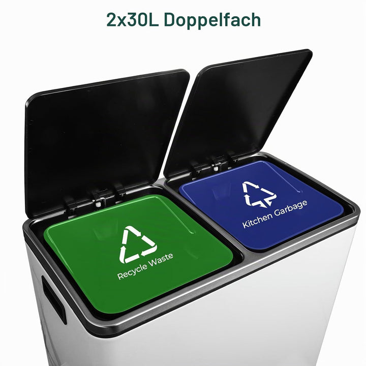 LIFERUN Mülleimer 2 Fächer, Abfalleimer Küche 60L (2x 30 Liter), aus Metall, mit Softclose Deckel, 2