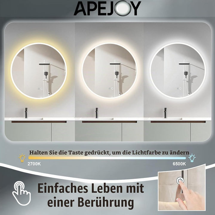 Badspiegel mit Beleuchtung Rund 80cm, Spiegel Runder mit Licht und mit Antibeschlag, Badezimmerspieg
