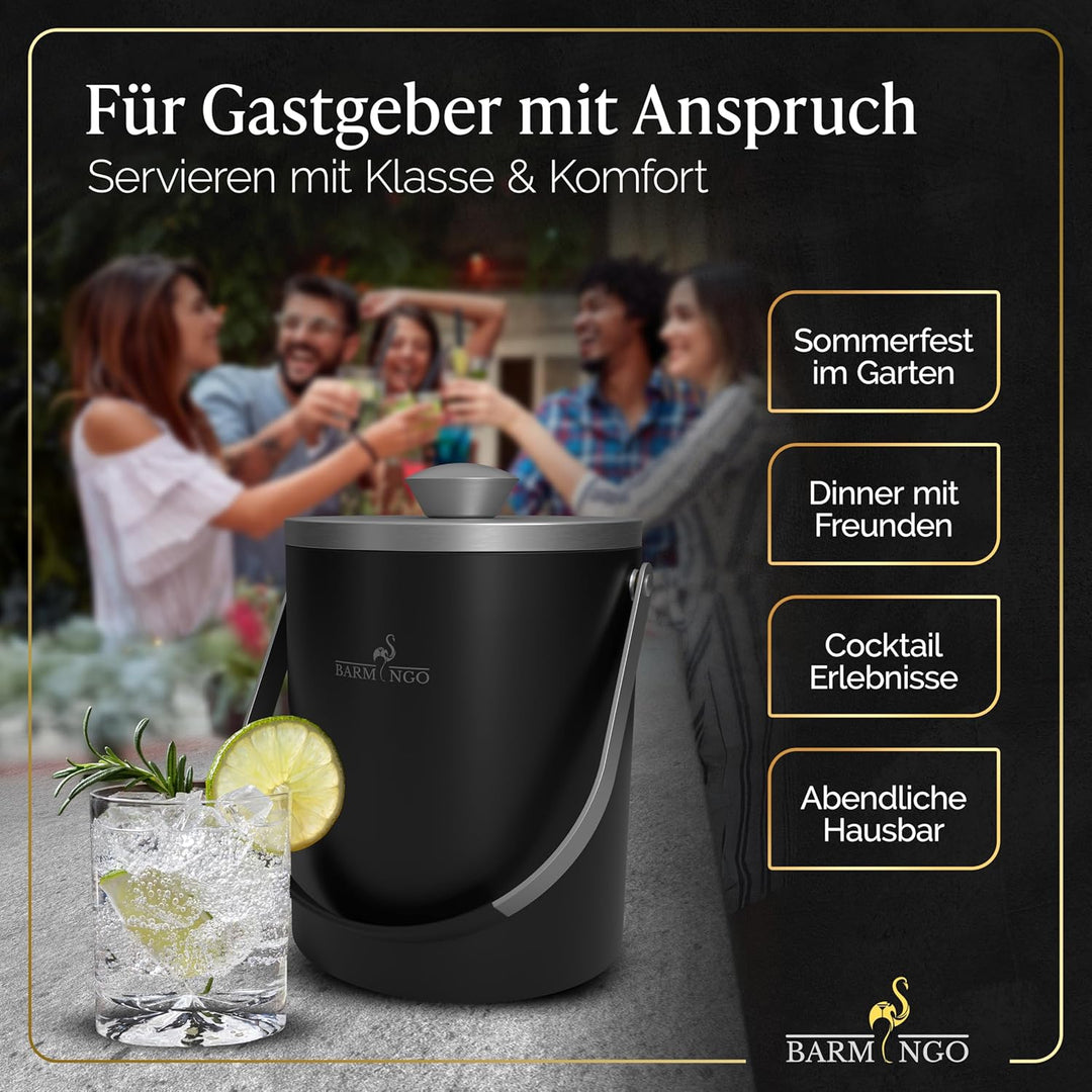 BARMINGO Edelstahl Eiswürfelbehälter mit Deckel - 2l Eisbehälter mit Sieb, Eiswürfelform, Zange | Ei