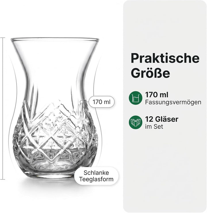 by Pasabahce Timeless Teegläser 170ml, 12er Set, Gläser aus Kristallglas, Facettenschliff, spülmasch