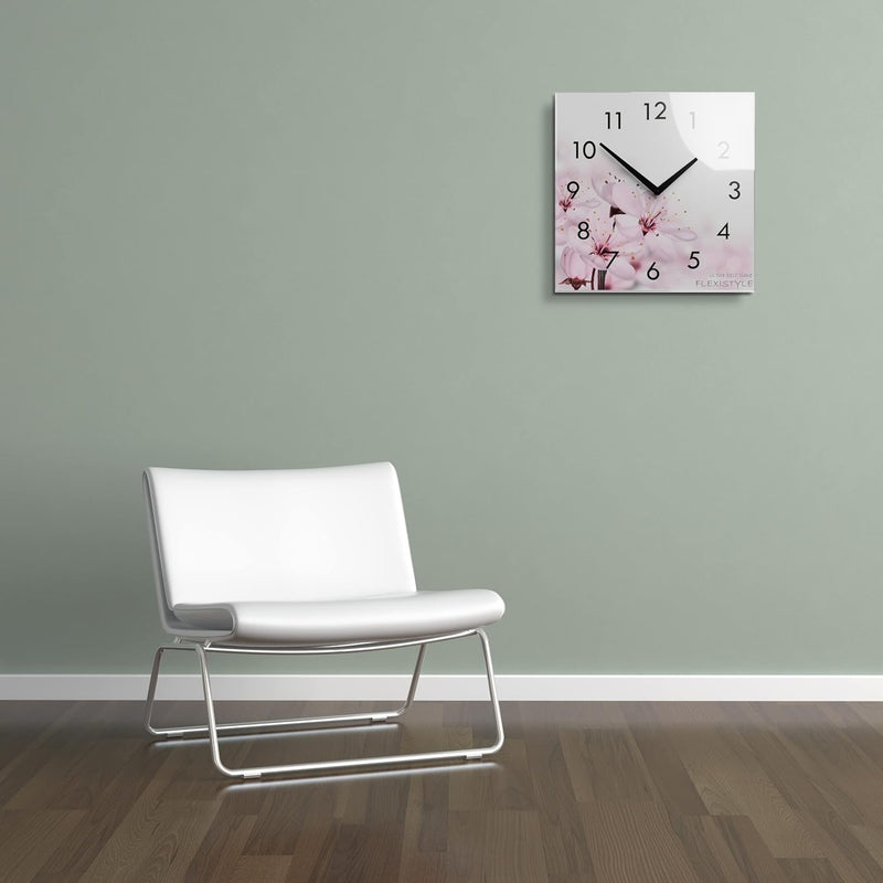 FLEXISTYLE Wanduhr küche Wohnzimmer 30 x 30 cm, aus Glas, mit Direktdruck eckig modern (BLÜHENDE Blu
