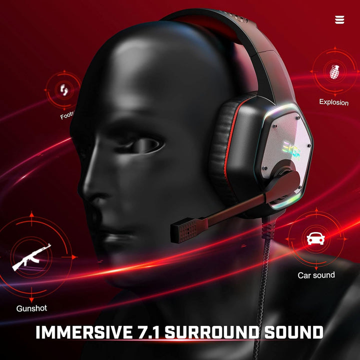 EKSA Gaming Headset, PC Headset mit Mikrofon 7.1 Surround Sound & RGB Lichter, Kopfhörer mit Kabel R