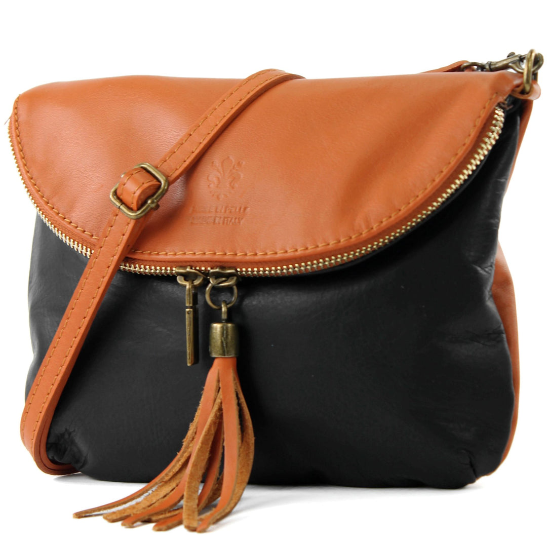 modamoda de - T07 - ital. Umhänge Clutch Klein Nappaleder Schwarz/Cognac, Schwarz/Cognac