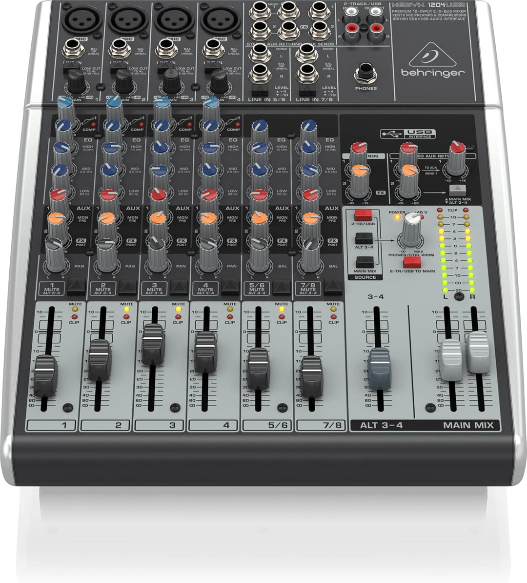 Behringer XENYX 1204USB Premium 12-Input 2/2-Bus Mixer mit XENYX Mic Preamps und Compressors, Britis