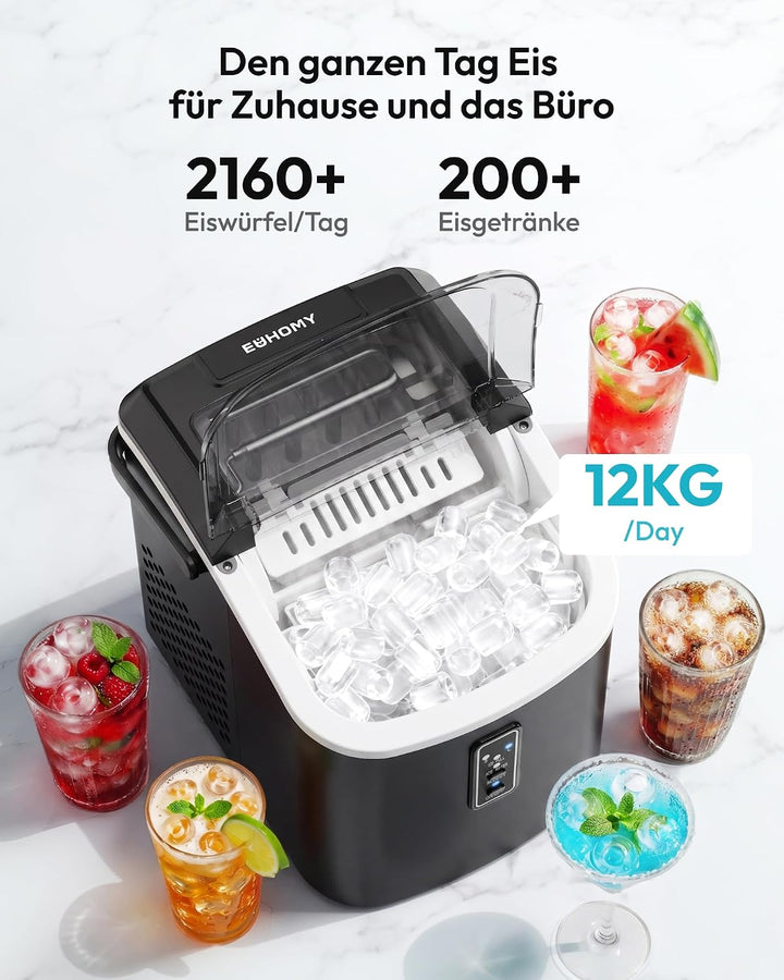 EUHOMY Eiswürfelmaschine Klein, 9 Würfel in 6 Minuten Bereit, 12 Kg/Day, Selbstreinigend, Tragbare E