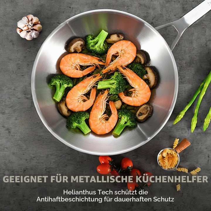 Inqibee Edelstahlpfanne 32cm Bratpfanne mit Deckel, Unbeschichtete Wok Pfanne für Induktion &amp; Gasher