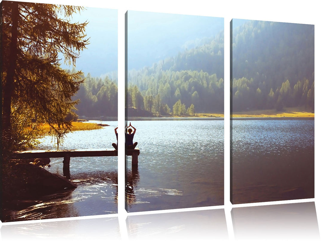 Pixxprint Yoga am See als Leinwandbild | Grösse: 3 Teilig (120x80) | Wandbild| Kunstdruck | fertig b