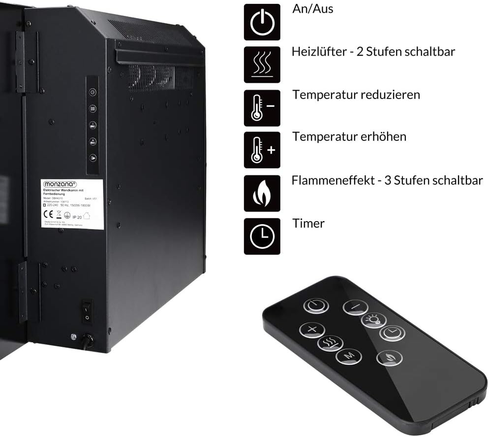Monzana Wandkamin Elektrokamin Heizlüfter Head Up Display 900W / 1800W Thermostat Fernbedienung Time