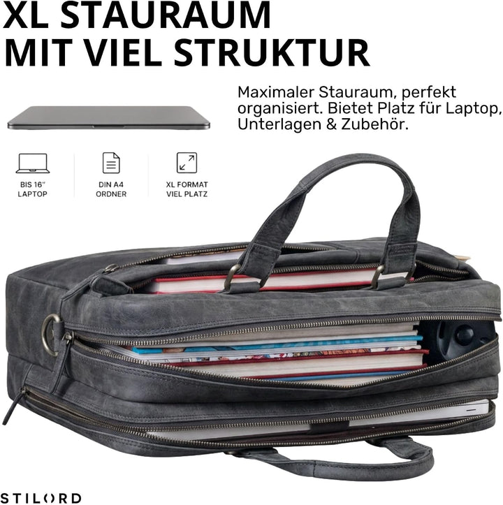 STILORD 'Nico' Grosse Businesstasche aus Hochwertigem Leder für 15.6 Zoll Laptop, Farbe:carbon - gra