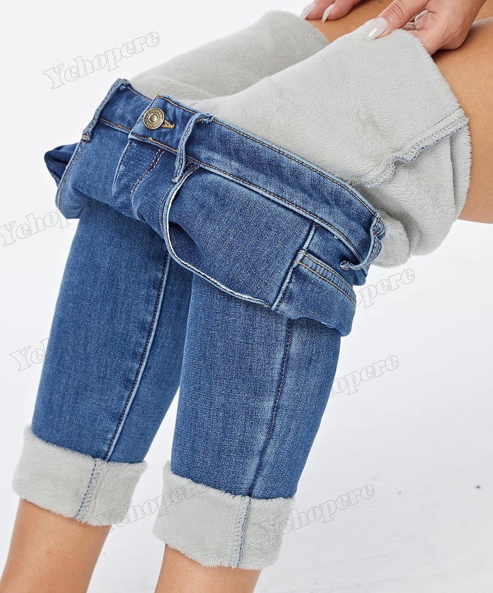 Yehopere Damen Winter Fleece Gef¨¹ttert Jeans Slim Fit Warm Skinny High Waist Denim Jeans XS Kurz Bl
