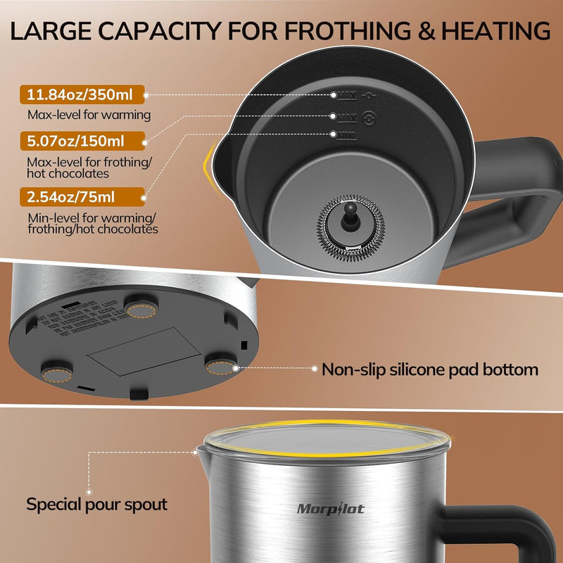 Morpilot Milchaufschäumer Elektrisch 6 in 1, 150-350ml, Milchschäumer für Heisser und Kalter Milchsc