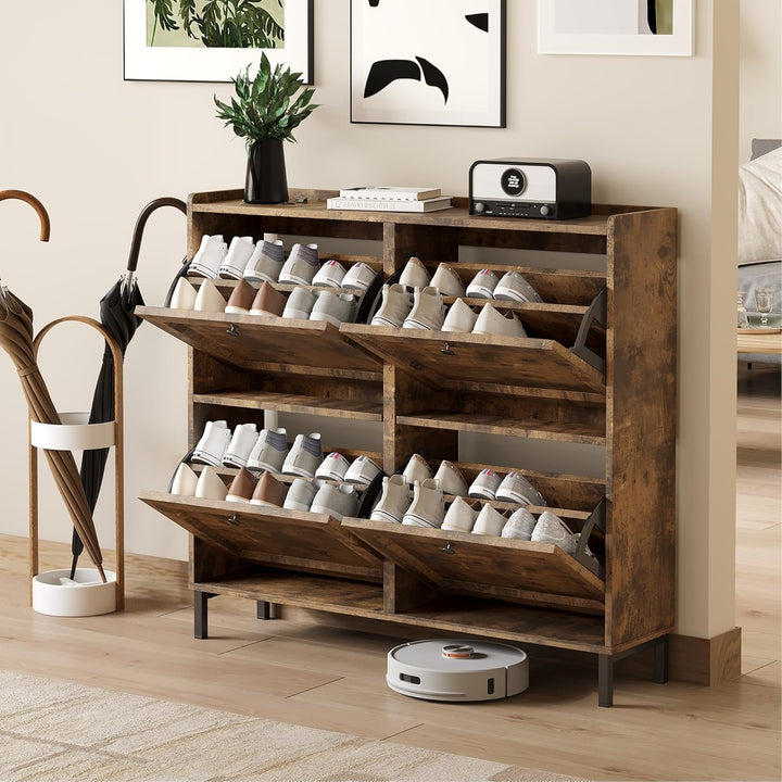 4-Klapp Ultra-Schmaler Holz Schuhschrank, Verstellbare Trennwände Schuhschrank für Enge Flure, Eingä