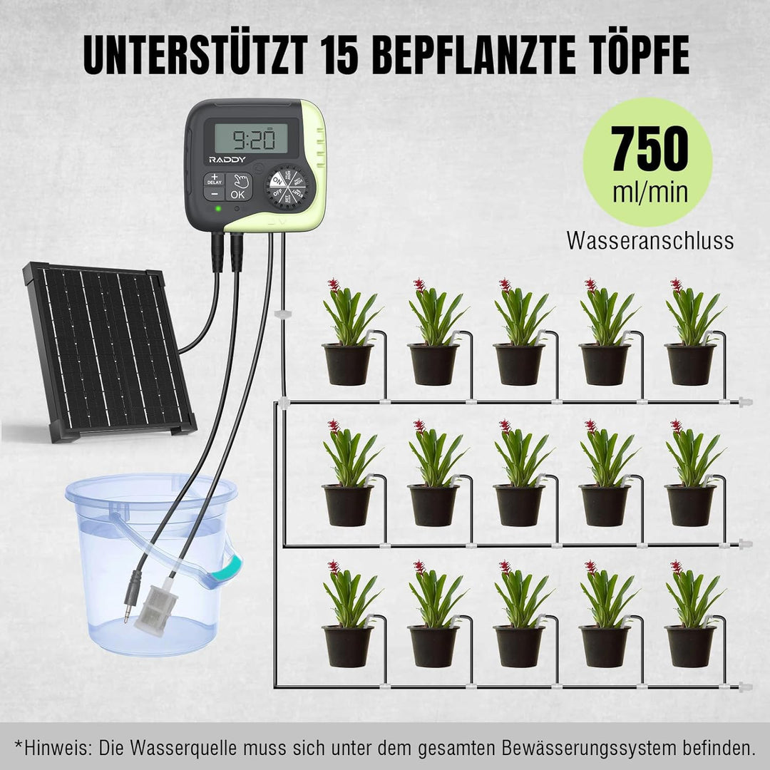 Raddy WS-1 Automatisches Bewässerungssystem, Solar-Drip-Bewässerungsset mit 2600mAh Batterie, progra