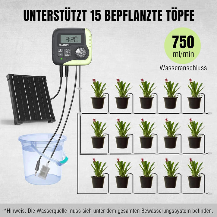 Raddy WS-1 Automatisches Bewässerungssystem, Solar-Drip-Bewässerungsset mit 2600mAh Batterie, progra