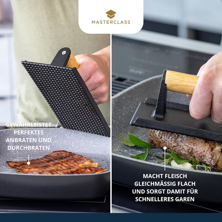 MasterClass Gusseisen Grillpresse, Schweres Steakgewicht mit Holzgriff, Burgerpresse, Zubehör für Gr