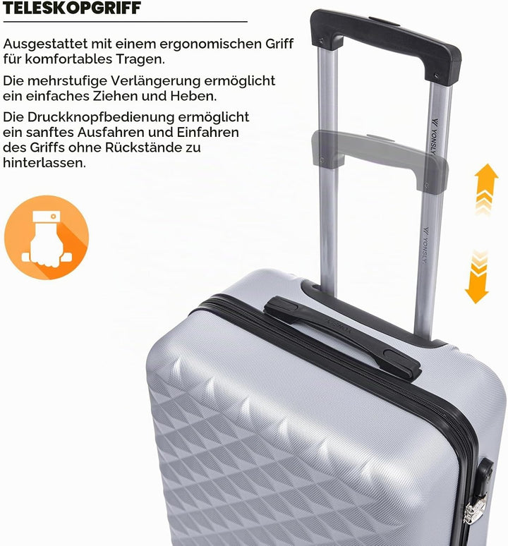 Koffer Suitcase S Silber, Trolley Reisekoffer, Kabinenkoffer Rollkoffer Handgepäck mit 4 Rollen 360°