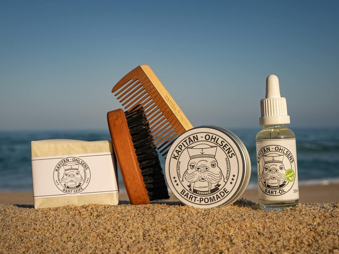 Kapitän Ohlsens Bartpflege Set Kaphorn- Bartöl + Bartpomade + Bartseife + Bartbürste +Bartkamm - han