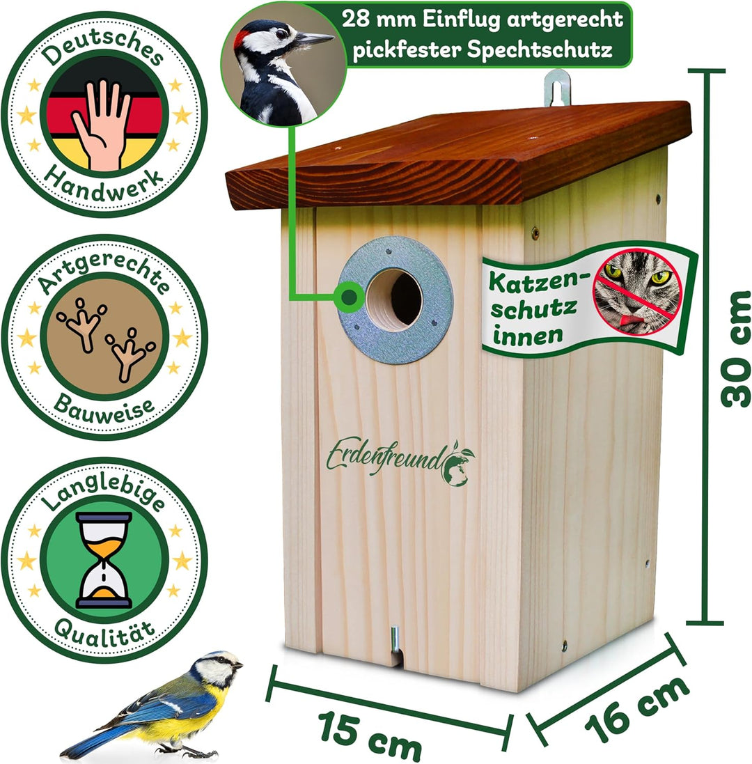 ERDENFREUND® Meisen Nistkasten 28mm Katzen-/Marderschutz innen Nistkasten für Vögel mit pickfestem S