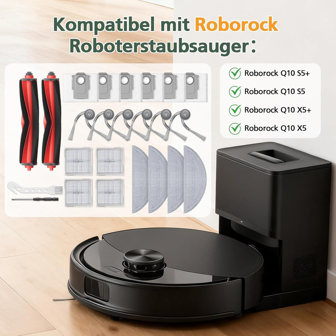 24 Stück Zubehör Ersatzteile für Roborock Q10 S5+/Q10 S5 Saugroboter, 2 Rollenbürste, 4 HEPA-Filter,