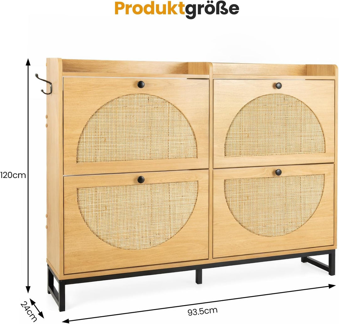 Trintion Rattan Schuhschrank Schmal mit 4 Klappen, Schuhkipper mit Verstellbaren Einlegeböden, Nur 2