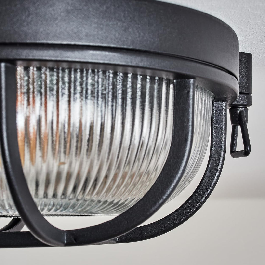 HOFSTEIN Aussendeckenleuchte Godel, Aussendeckenlampe aus Metall/Riffelglas in Schwarz/Klar, Deckenl