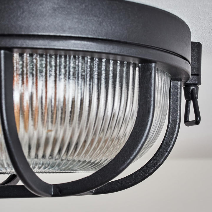 HOFSTEIN Aussendeckenleuchte Godel, Aussendeckenlampe aus Metall/Riffelglas in Schwarz/Klar, Deckenl