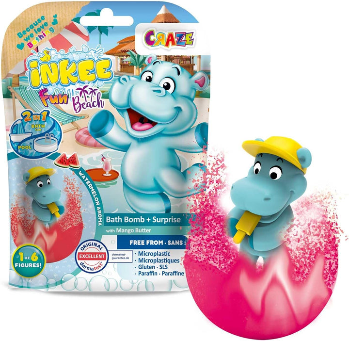 INKEE Fun Beach 8er Multipack | 8x Badekugeln Kinder mit Überraschung, Badebomben Kinder mit Hippo F