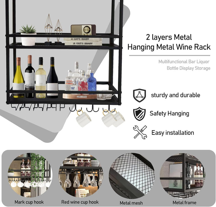 Deckenregal Weinregal, Hängend Metall Weinflaschenhalter, 2-Lagiger Wandmontage Wine Display-Ständer