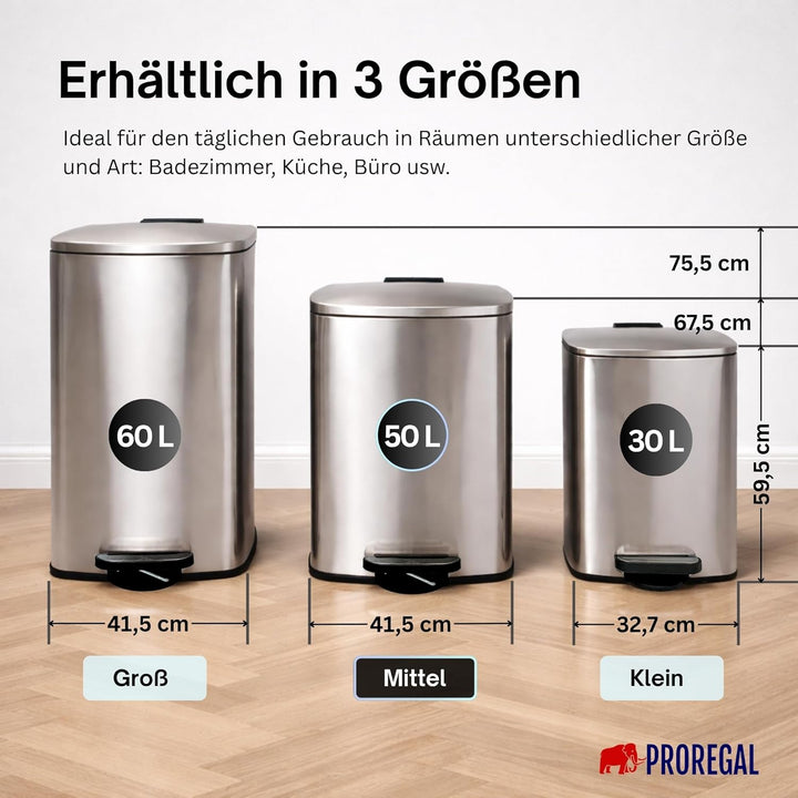 PROREGAL Mülleimer Küche Bad 50L, Abfalleimer mit Softclose & Stay-Open Deckel, Fusspedal & Inneneim