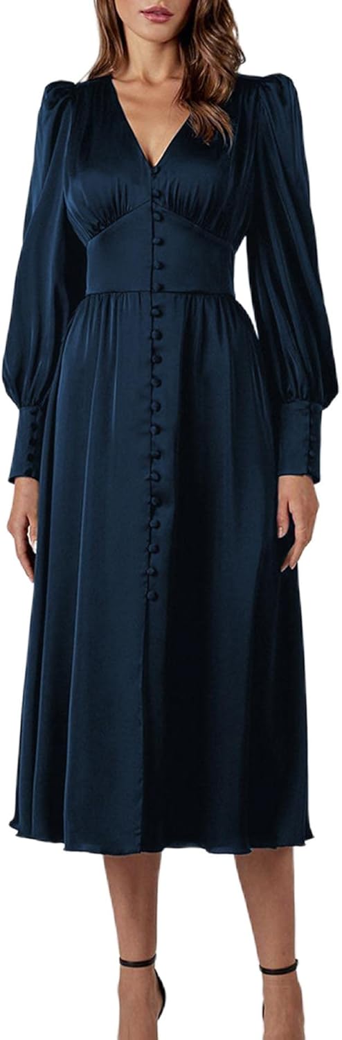 xxxiticat Damen Langarm Satin Maxikleid Lange Laternenärmel Knopfleiste Rüschen Einreihig Vintage Pu