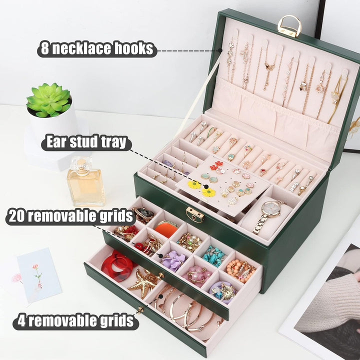 Schmuckkasten, Schmuckkästchen mit 3 Ebenen mit Schubladen, PU-Leder Schmuckbox Schmuckschatulle Gro