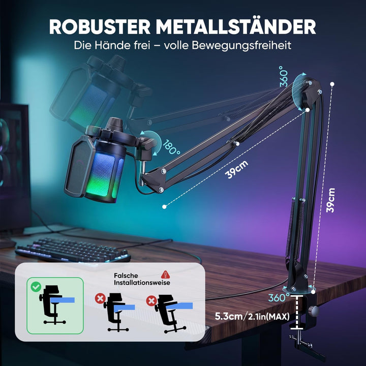 FIFINE Gaming Mikrofon PC mit Arm, Typ A/C USB Microphone Kit mit Stummschalttaste für Podcast Strea