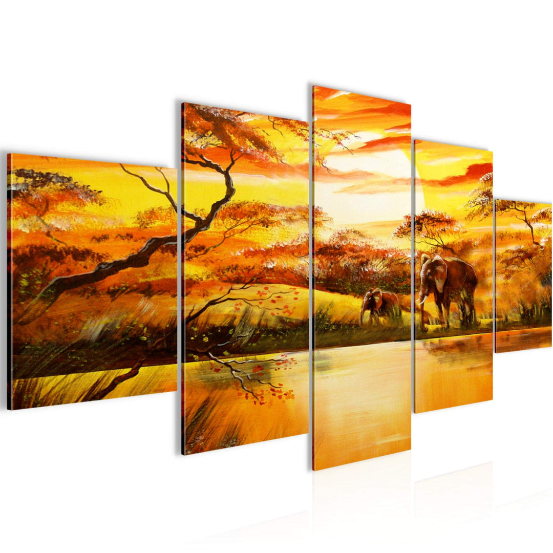 Runa Art Wandbilder Afrika Elefant 5 Teilig Bild auf Vlies Leinwand Deko Wohnzimmer Schlafzimmer Son