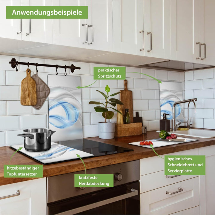 banjado® Herdabdeckplatte Glas - Herdabdeckplatte zweiteilig 2*30x52cm mit Motiv Blauer Schleier - H