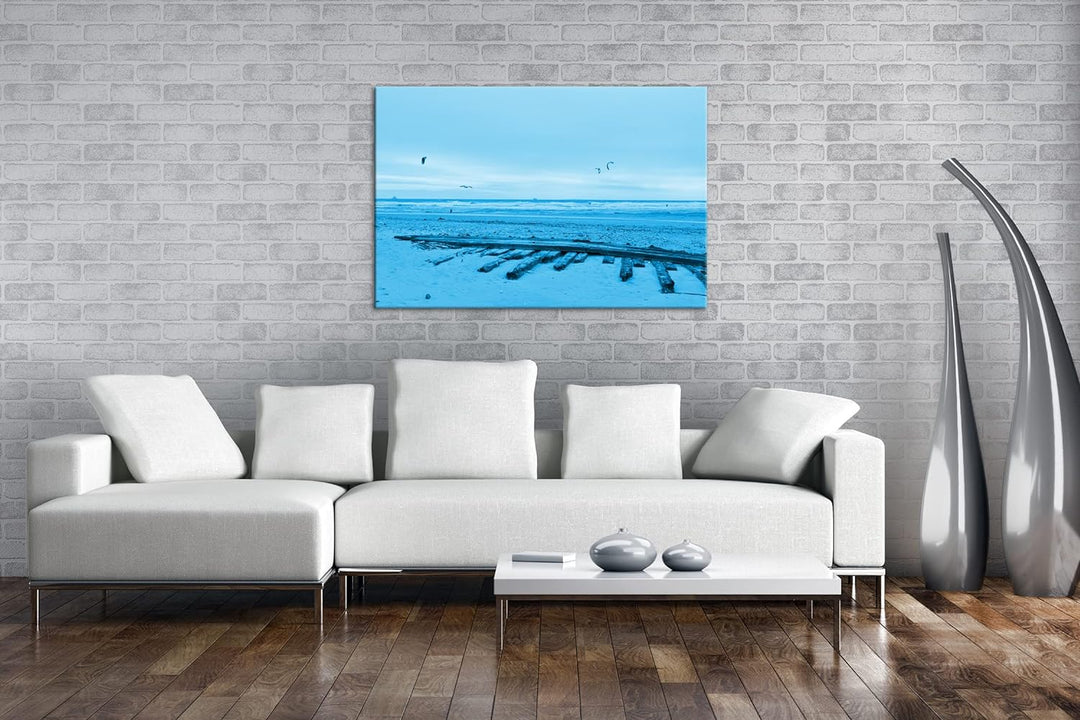 deyoli Sandstrand mit Möwen Format 80x60 Effekt: Monocrome Blau als Leinwandbild, Motiv fertig gerah
